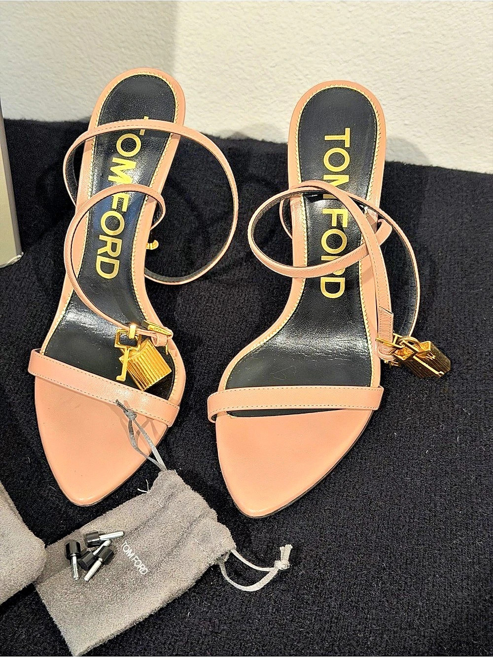 Tom Ford Padlock Pointy Naked Sandal Heels Pink & Black US 9
